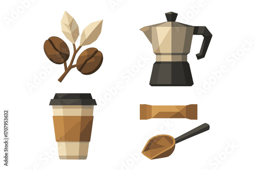 Geometric low poly coffee elements set including beans moka pot disposable cup sugar packet and scoop