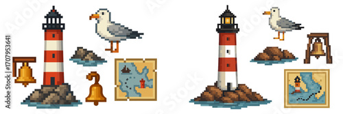 Pixel art nautical elements featuring lighthouses, flying seagulls, sea bells, and old treasure maps
