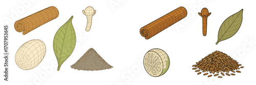 Assortment of essential kitchen spices: cinnamon sticks, whole cloves, bay leaves, nutmeg, and ground spices