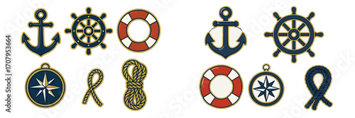 Collection of classic nautical marine symbols and sailing elements including anchors, ship wheels, lifebuoys, compasses, and ropes
