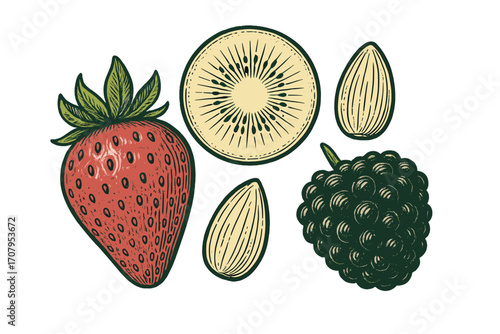 Vibrant collection of fresh organic fruits and nuts featuring strawberry kiwi slice almond and mulberry