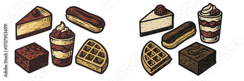 Delicious assortment of popular baked goods and sweet desserts including cheesecake, eclairs, brownies, waffles, and parfaits