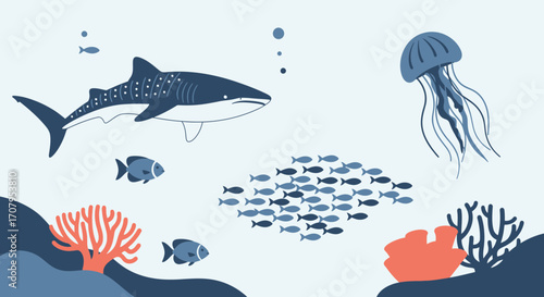 Underwater Marine Life Illustration with Whale Shark and Jellyfish.