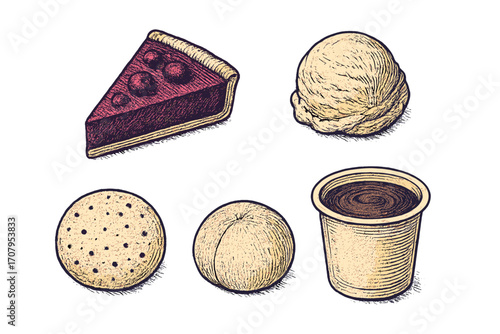 Delicious assortment of sweet desserts featuring a slice of pie, scoop of ice cream, chocolate chip cookie, and pudding