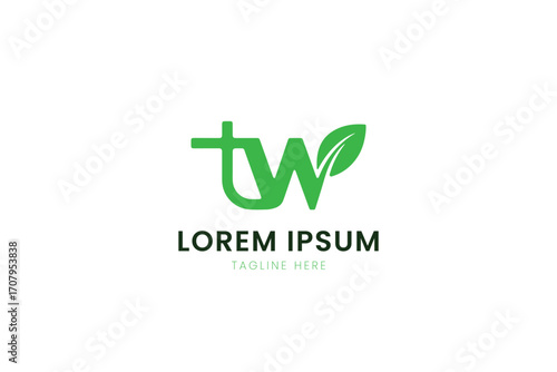 Minimalist green tw logo with leaf element and lorem ipsum placeholder text