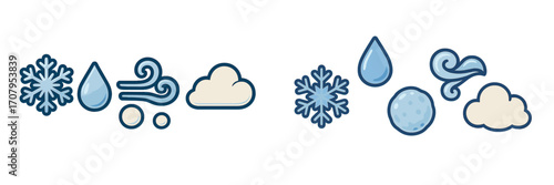 Weather forecast symbols collection featuring snowflake, raindrop, wind, cloud, and hail icons for meteorological applications