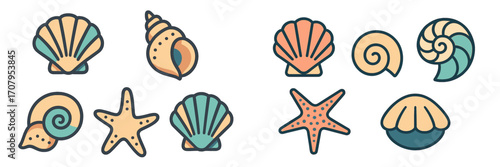 Vibrant collection of stylized marine life elements featuring various seashells and starfish designs for summer and ocean-themed projects