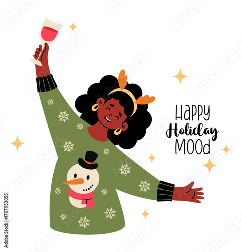 Christmas Happy Ethnic Woman with Glass wine. New Year Joyful cheerful Girl In Xmas sweater with snowman, holiday mood, fun and party. Vector Illustration. Not AI