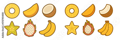 Collection of tropical fruits including pineapple, mango, coconut, starfruit, dragon fruit, and banana
