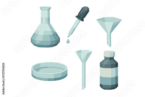 Essential laboratory equipment for scientific research and chemical experiments featuring flask, dropper, and funnels
