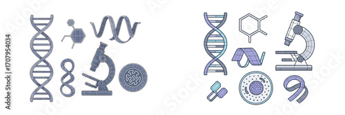 Scientific research and biology elements including DNA double helix, microscope, molecular structures, and cellular components