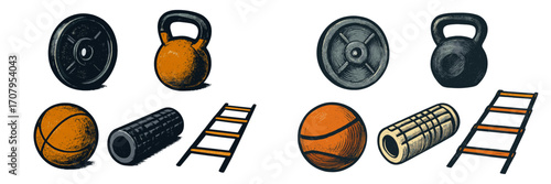 Gym equipment for strength training and cardio workouts, featuring weights, kettlebells, and agility ladder