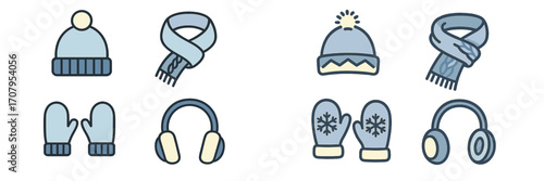 Winter clothing accessories set with warm hats, knitted scarves, cozy mittens, and protective earmuffs for cold weather