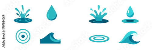 Blue water elements featuring drops, splashes, ripples, and waves for liquid and aquatic themes