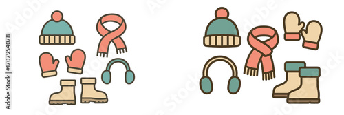 Cozy winter apparel collection with hats, scarves, mittens, earmuffs, and boots for cold weather