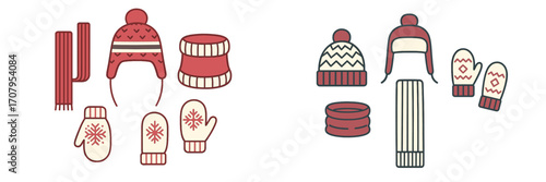 Cozy winter clothing accessories set with various knitted hats, warm scarves, and decorative mittens designs for cold weather