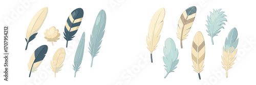 Elegant decorative bird feathers in soft pastel colors and various shapes with subtle shading and natural textures
