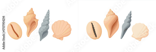 Stylized marine seashells in soft pastel colors isolated on a clean white background, perfect for summer designs