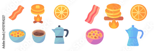 Delicious breakfast food and beverage items including bacon, pancakes, orange slice, cereal, coffee, and coffee maker