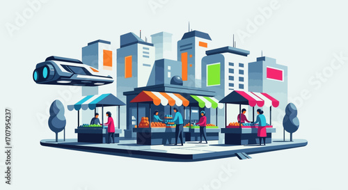 Urban Market Scene with Diverse Shoppers and Vendors.