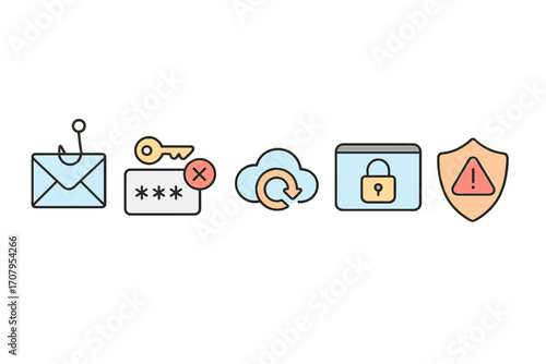 Digital security and data protection concepts with phishing, incorrect password, cloud data, secure browsing, and alert shield