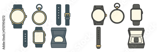 Collection of various modern and classic timepieces with accessories including wristwatches, smart watch, and pocket watch