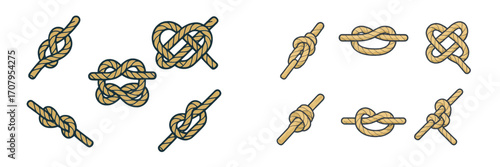 Diverse collection of traditional nautical rope knots and ties for marine, sailing, and decorative purposes on isolated background