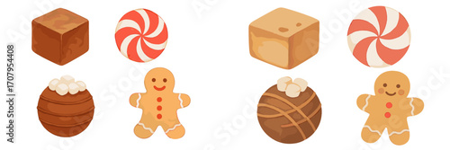 Festive assortment of gingerbread cookies, peppermint candies, and chocolate desserts for the holiday season