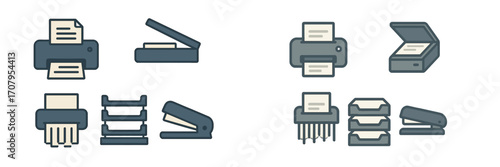 Essential office supplies and business equipment such as printer, scanner, shredder, trays, and stapler