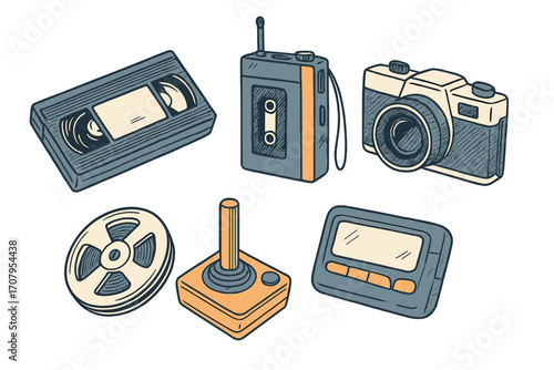 Collection of vintage electronic devices including camera, cassette player, video tape, joystick, and pager
