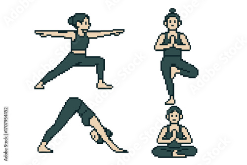 Collection of pixelated yoga postures for wellness, exercise, mindfulness practice, and healthy lifestyle