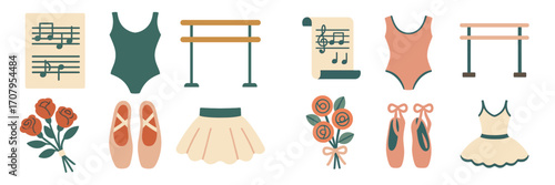 Collection of ballet dance accessories and clothing items including leotards, tutus, pointe shoes, barre, sheet music, and rose bouquets