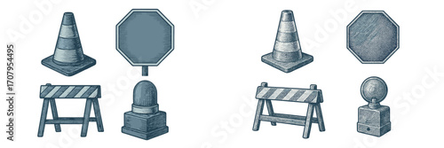 Collection of road construction safety equipment including traffic cones, barriers, and warning signs in a vintage etched style