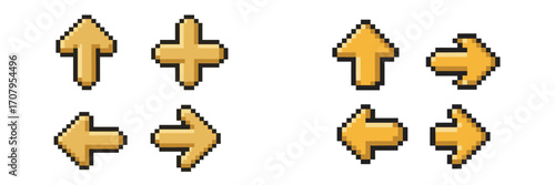 Collection of pixel art arrows and directional symbols for user interface design, perfect for retro-themed video games and digital projects