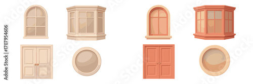 Architectural elements set featuring various windows and doors in diverse styles and warm color palettes