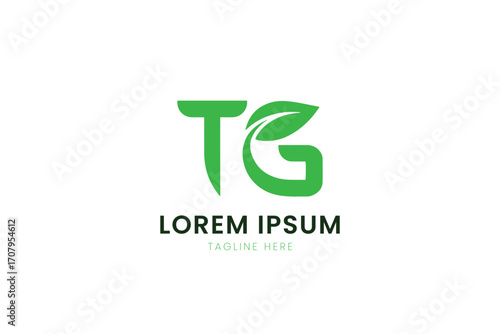 Modern green tg logo design with leaf element for organic brands and business