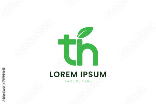 Minimalist green th logo with leaf detail perfect for eco-friendly brands