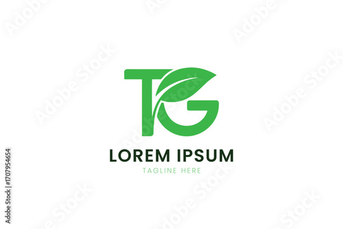 Modern green tg logo design with leaf element for eco-friendly brands