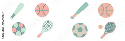Pastel colored sports equipment collection with baseball bats basketballs soccer balls tennis rackets