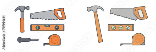 Essential construction tools set with hammer, saw, level, and tape measure for home improvement and repair projects