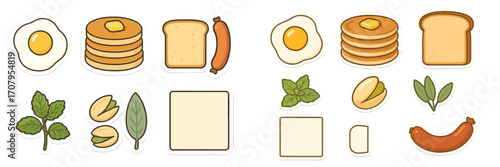 Collection of breakfast food and ingredient stickers with fried egg pancakes toast sausage pistachios and herbs