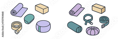 Isometric collection of yoga and fitness accessories for exercise, meditation, wellness activities and healthy lifestyle