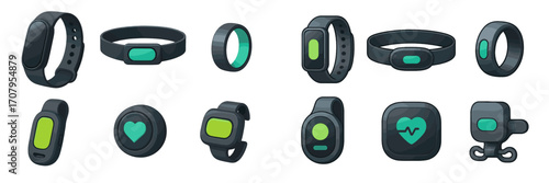 Collection of modern fitness trackers and smart wearable devices for health monitoring and activity tracking