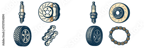 Essential automotive and mechanical components set featuring spark plugs, brake discs, car tires, and robust chains