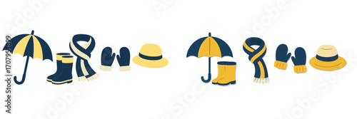 Stylish autumn and winter weather accessories featuring umbrellas, rain boots, scarves, mittens, and hats for cold seasons