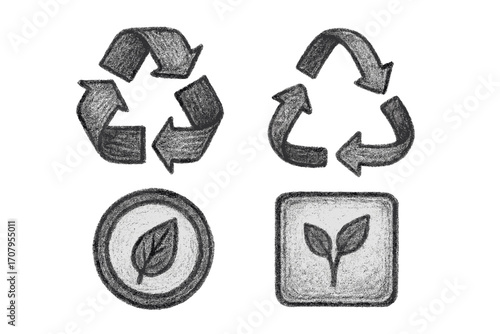 Hand-drawn style recycling and ecological symbols for environmental protection and sustainable living concepts