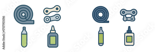 Bicycle repair and maintenance supplies with chain links, handlebar tape, and sealant bottles for cycling