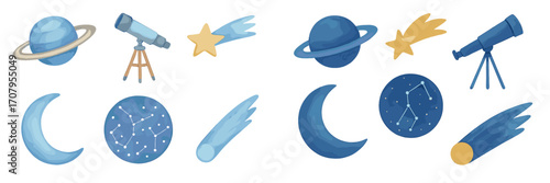 Watercolor style collection of celestial objects and astronomy tools including planets, moons, stars, constellations, and telescopes