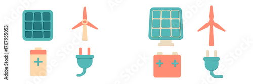 Sustainable power generation and consumption symbols including solar panels, wind turbines, batteries, and electric plugs