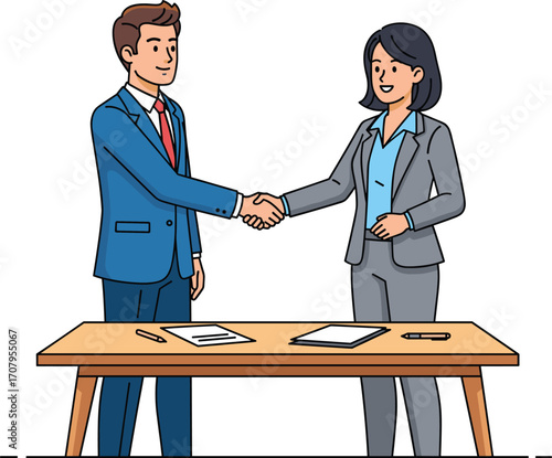 Business agreement handshake illustration, man and woman closing deal, corporate partnership vector, contract signing concept, successful professional negotiation cartoon